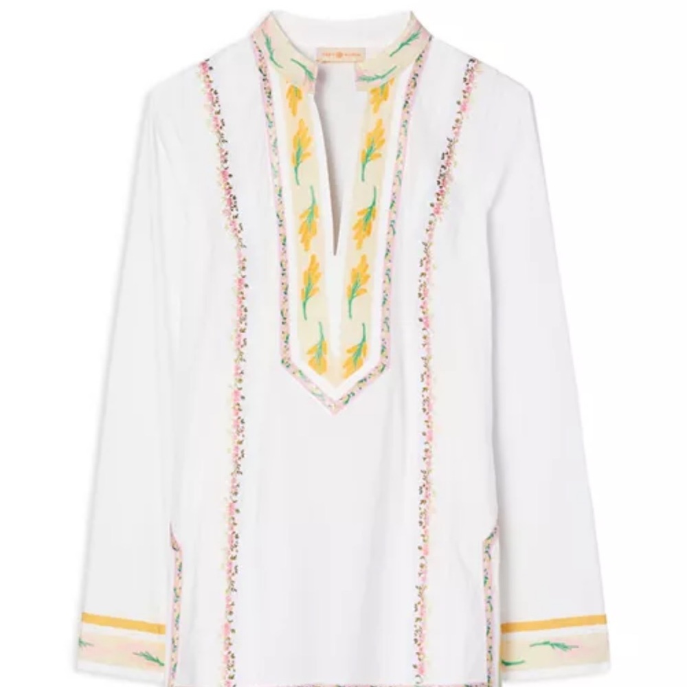 Tory Burch White Embroidered Tunic with Yellow & Green Accents
